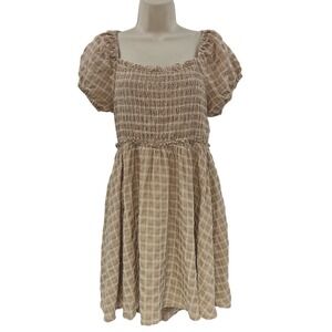 Anthropologie‎ Mable Dress M Brown Plaid Puff Sleeve Smocked Babydoll Cottage